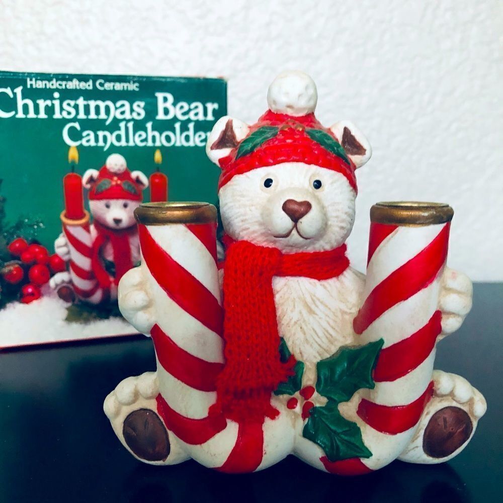 Vintage Christmas Polar Bear Candy Cane Candle Holder Figurine